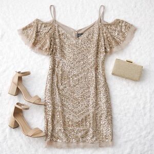 Vince Camuto Champagne Gold Sequin Cocktail Dress Size 14 Art Deco Mini